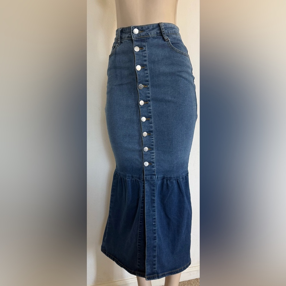 Denim Button-Front Maxi Skirt - Dark Blue